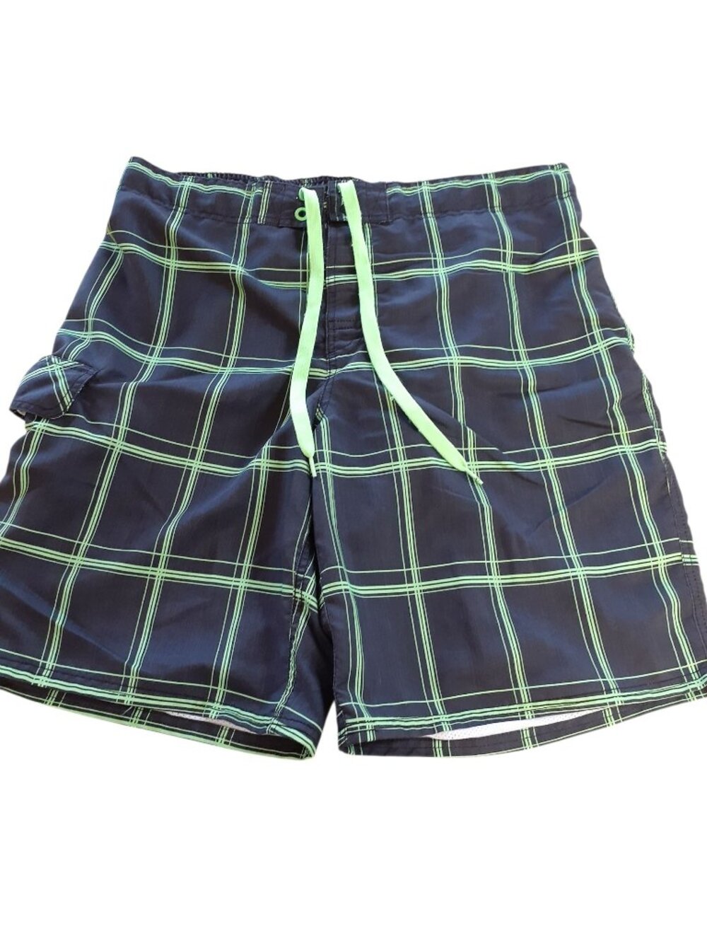 OP Ocean Pacific Mens Board Swim Short Large Black Neon Green Plaid Drawstring